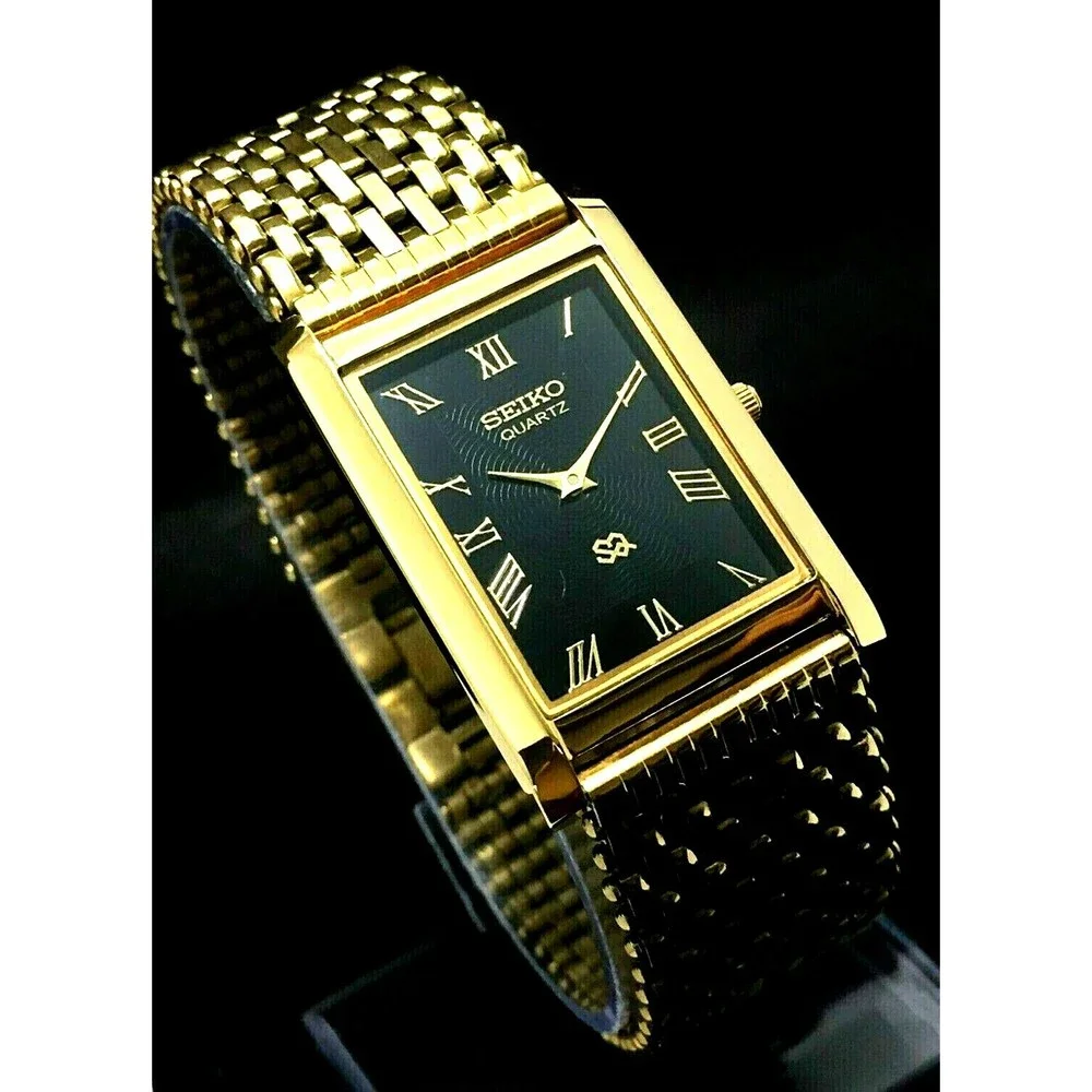 RARE Seiko SQ Tank Mens Watch Gorgeous Black‎ Dial Italian Milanese